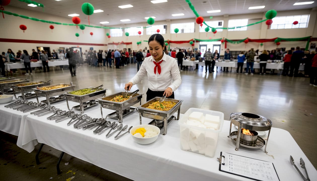 Catering staff setting up Thai buffet