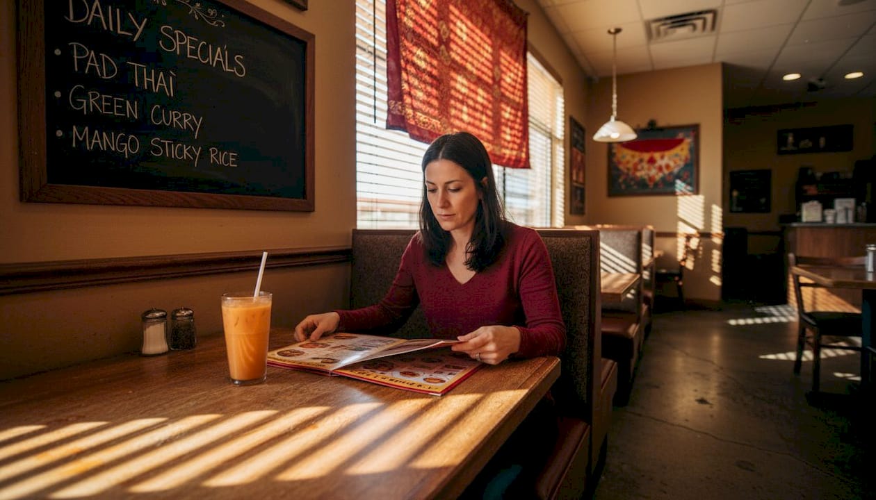 Woman browsing Thai menu in small Las Vegas restaurant