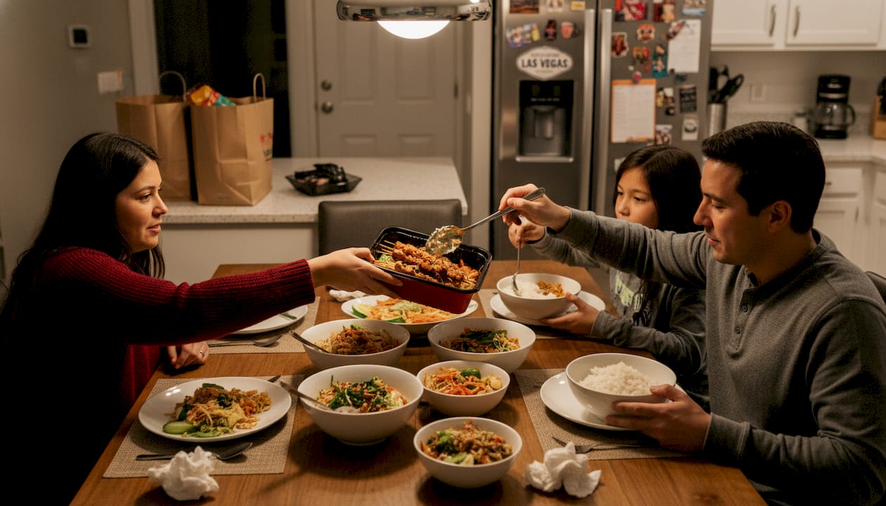 Family sharing Thai dinner at home table