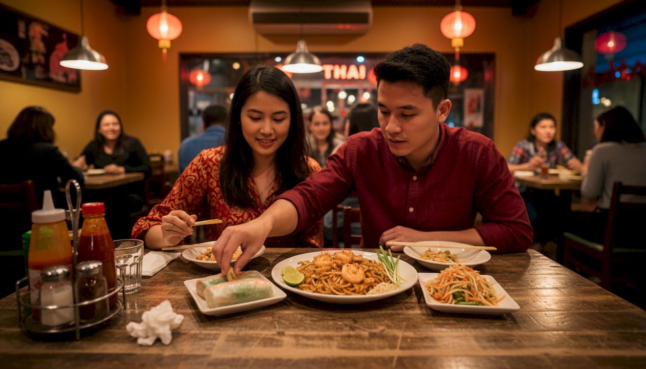 Pad Thai meal served with classic sides