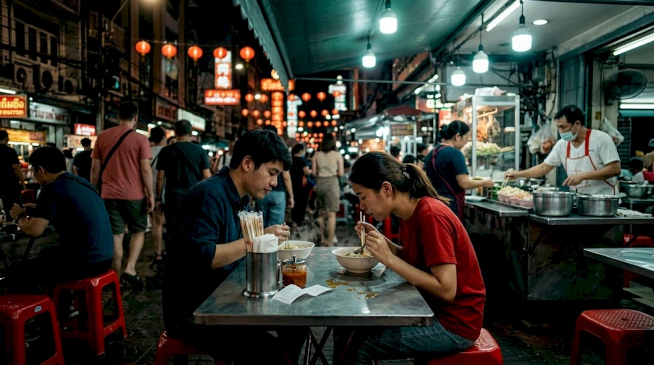 Couple eating noodles at Chinatown street stall