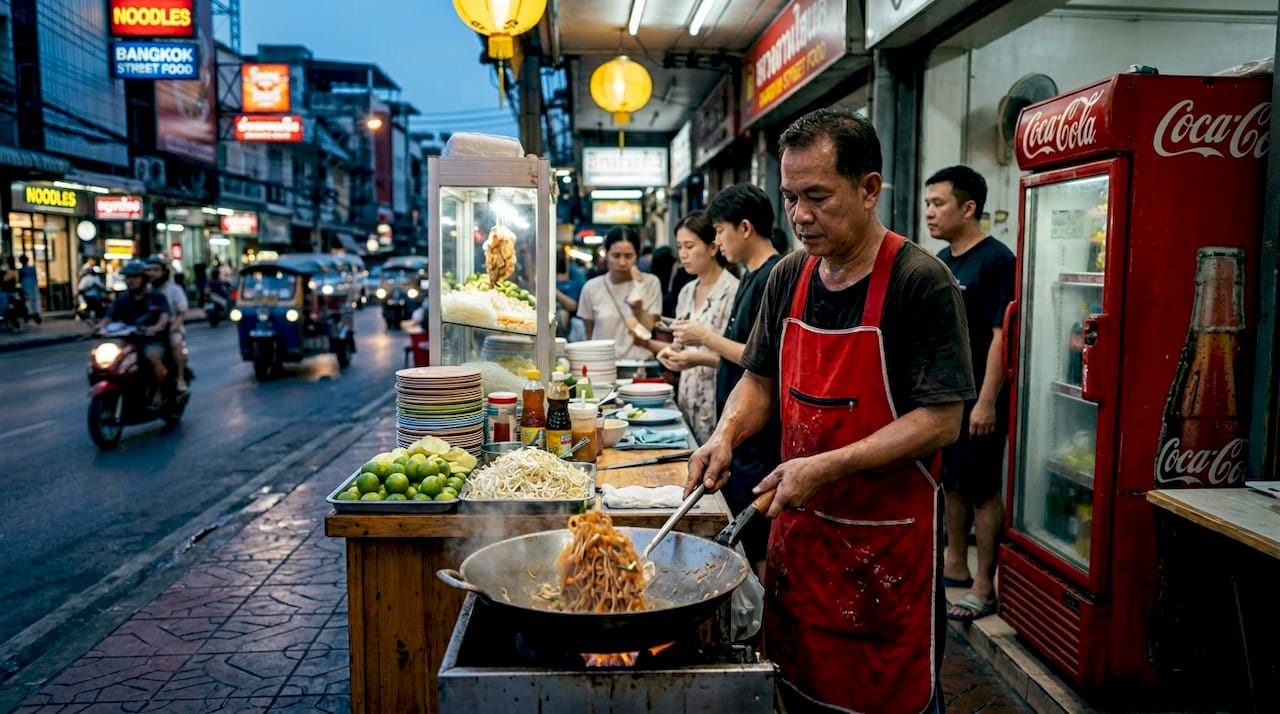 Bangkok street food vendor cooking at dusk