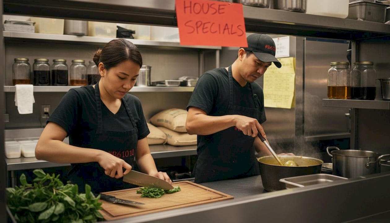 Thai restaurant staff prepping kitchen