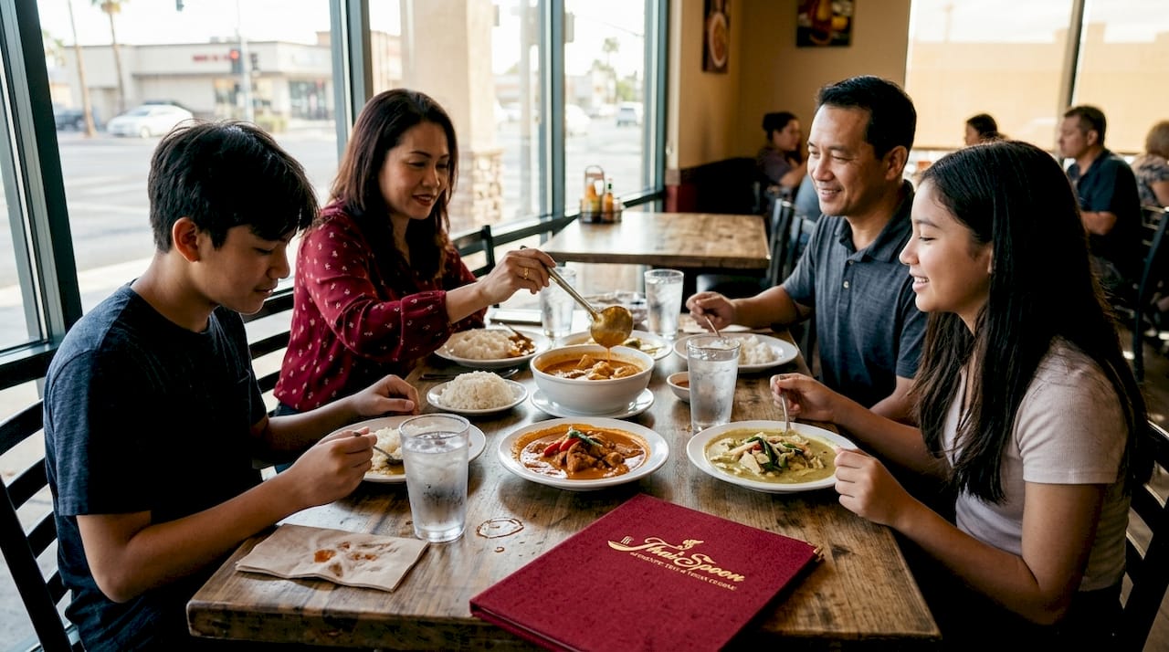 Family enjoying Thai curry in Las Vegas restaurant