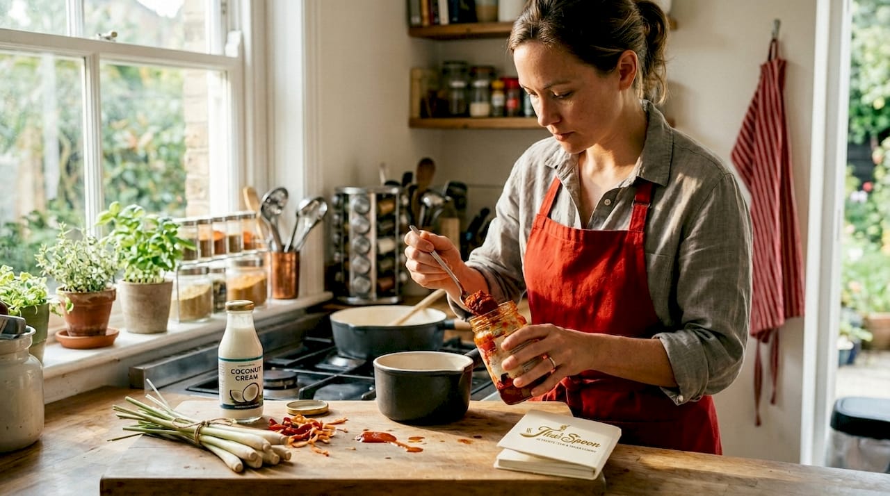 Home cook uses Thai curry paste in kitchen