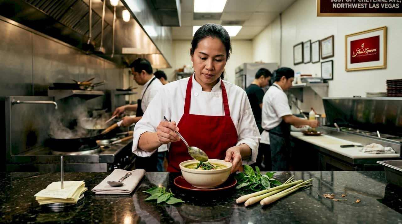Chef serving Thai curry at busy Las Vegas restaurant