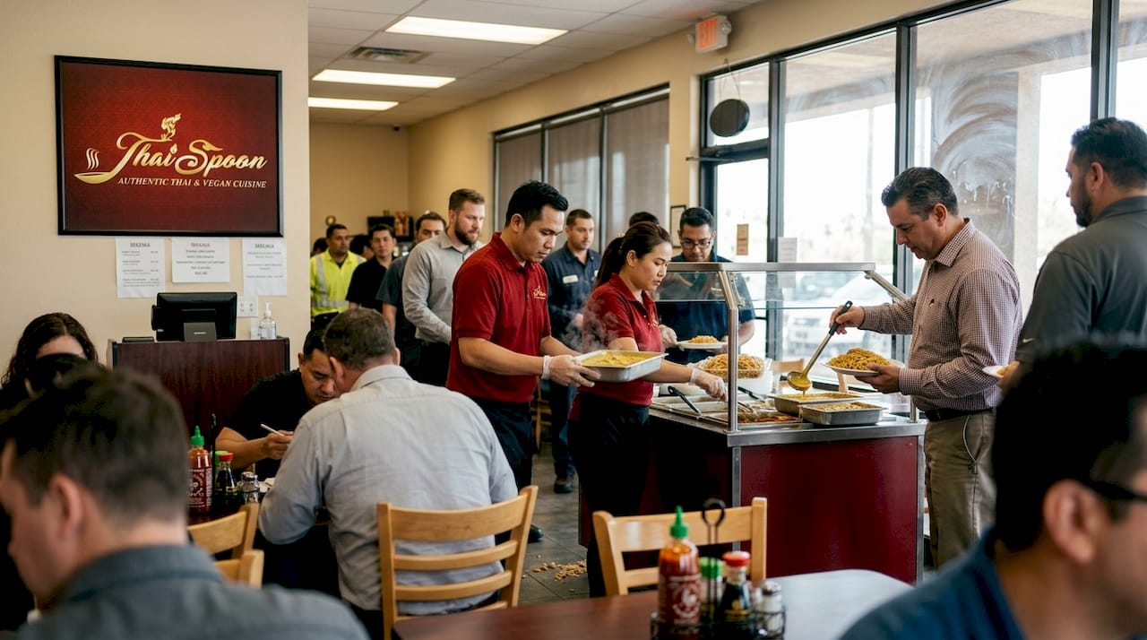 Lively local restaurant lunch buffet scene