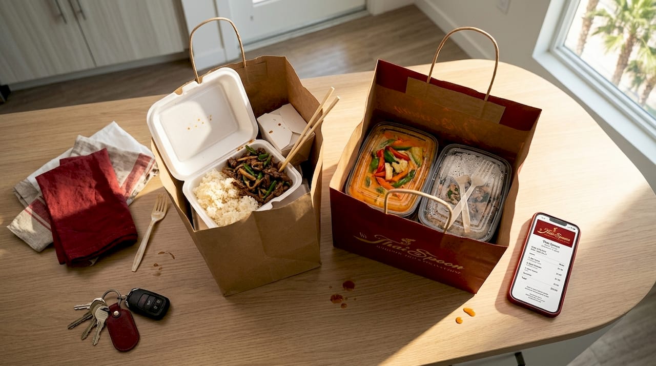 Chinese and Thai takeout on kitchen table