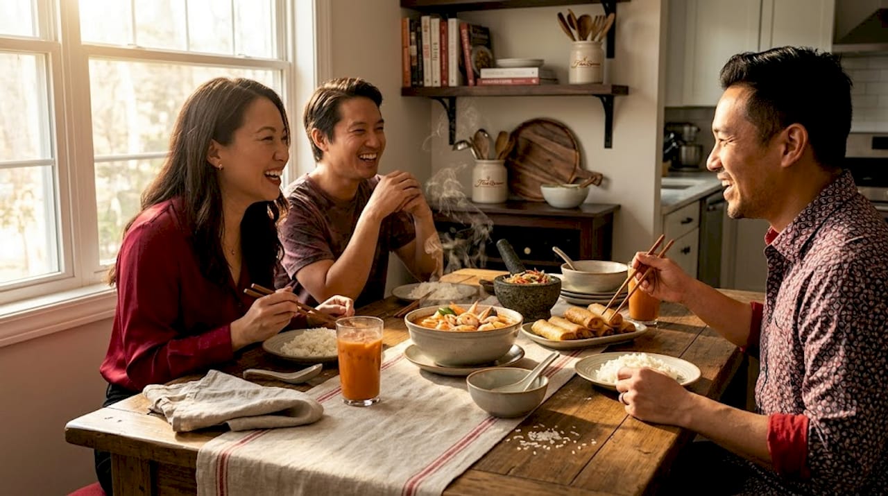 Family sharing tom yum soup dinner