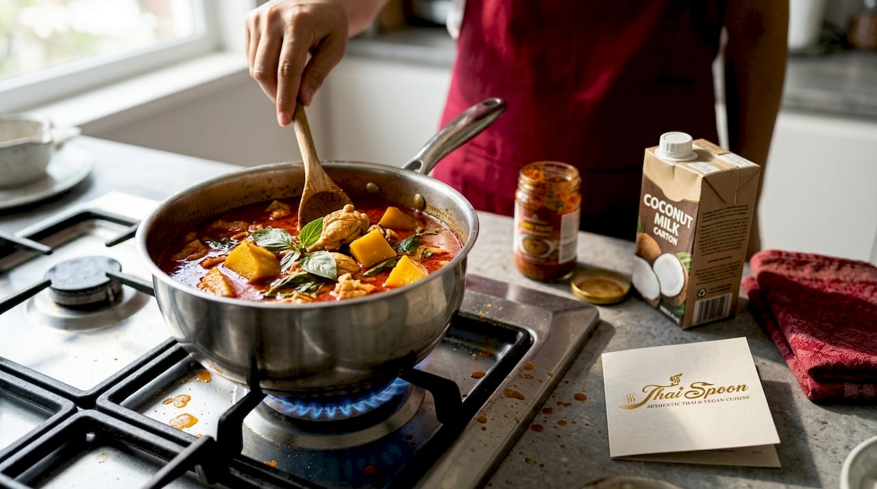 Simmering classic Thai red curry on stove
