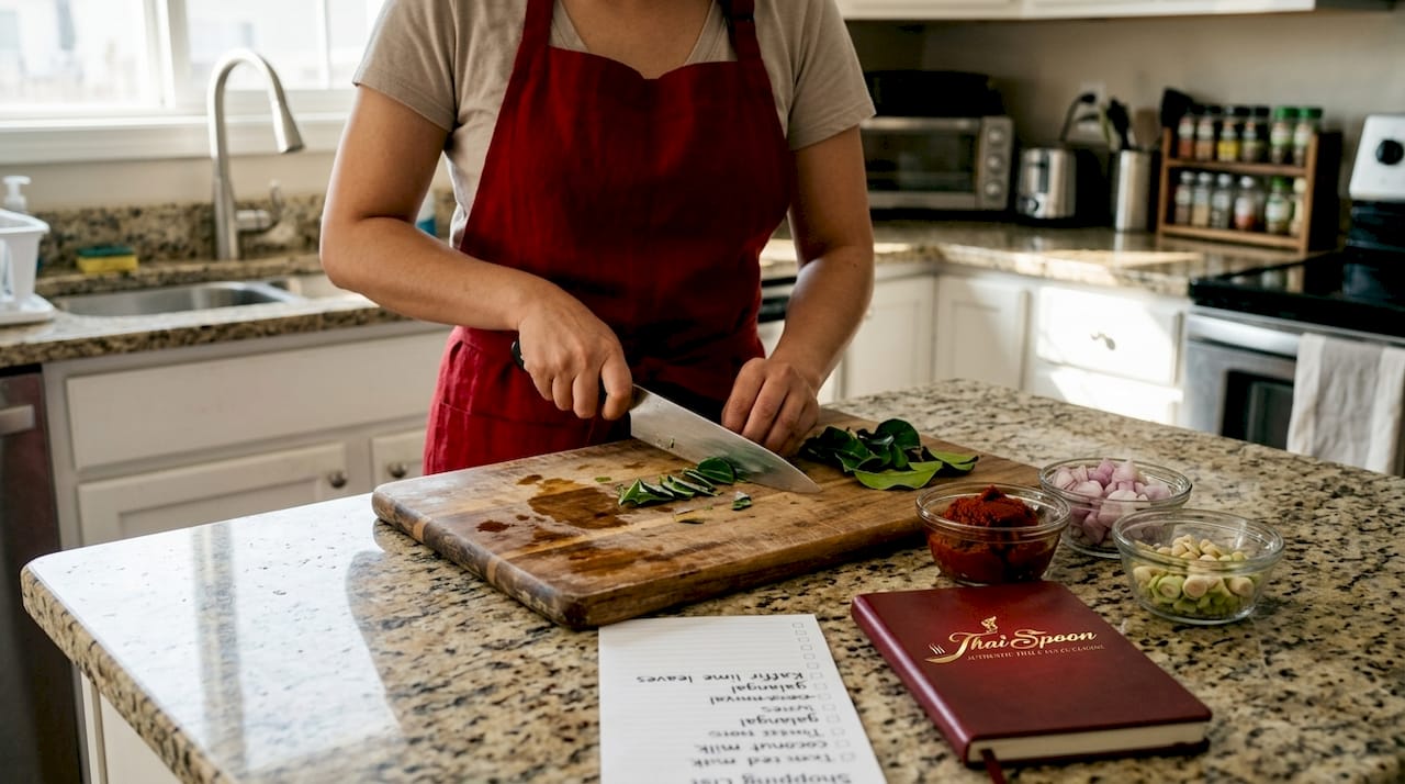 Home cook prepping Thai curry paste ingredients