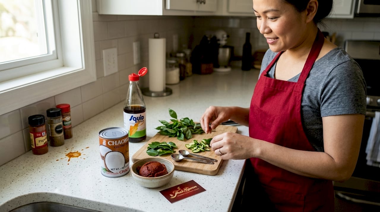 Home cook prepping Panang curry ingredients