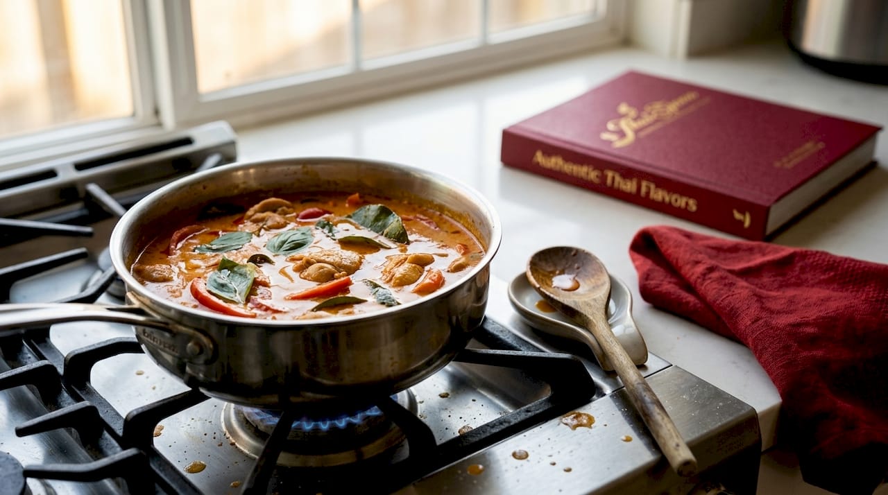 Simmering Panang curry on kitchen stove