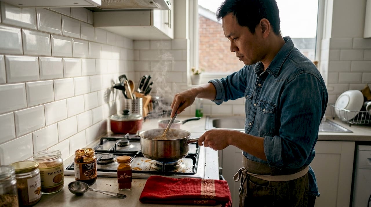 Person stirring Pad Thai sauce on stove
