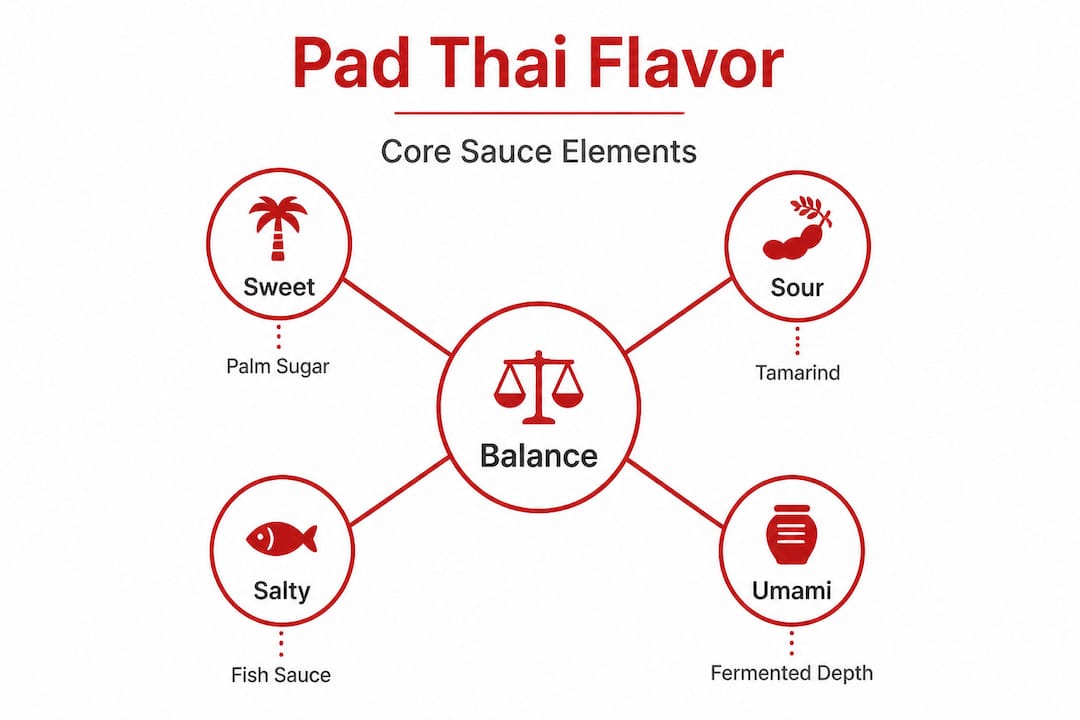 Pad Thai sauce flavor balance hierarchy infographic
