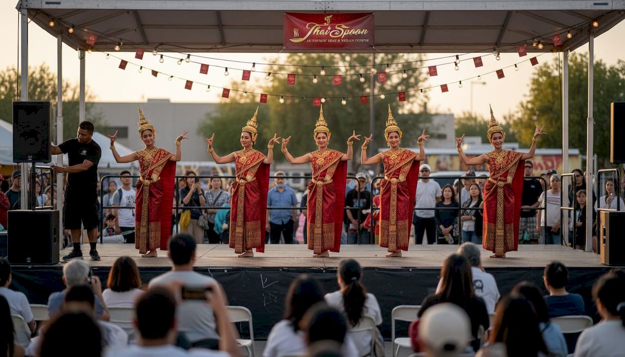Thai dancers perform on festival stage outdoors