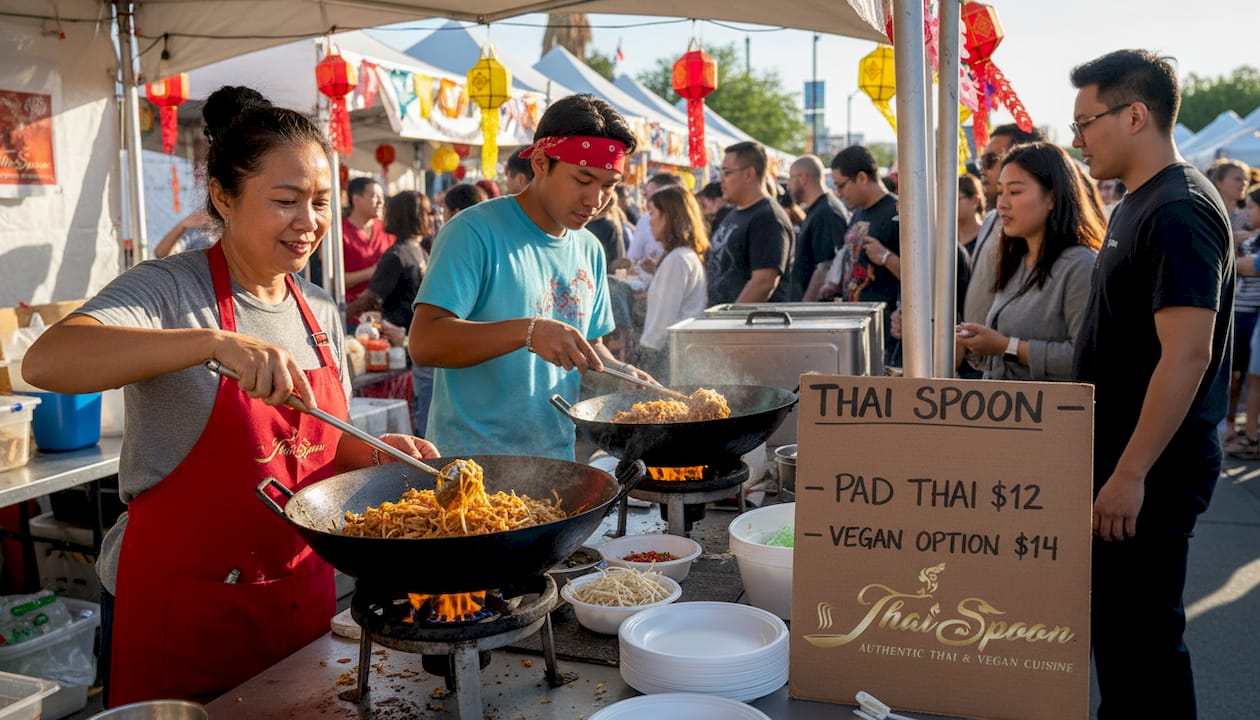 Festival vendors cooking Pad Thai at bustling Thai festival
