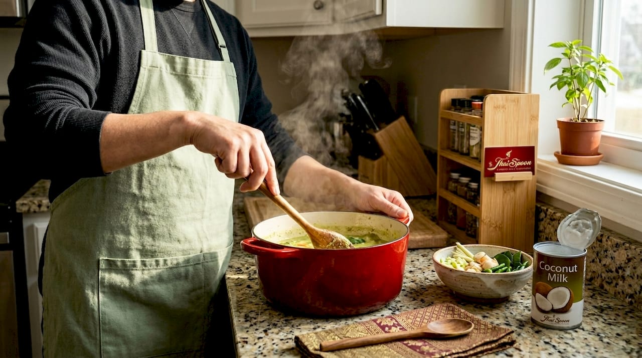 Cook preparing Thai green curry at home