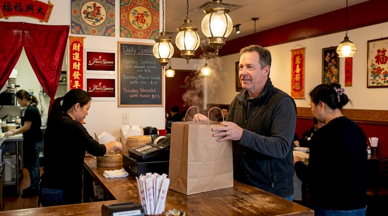 Customer picking up Chinese lunch takeout bag