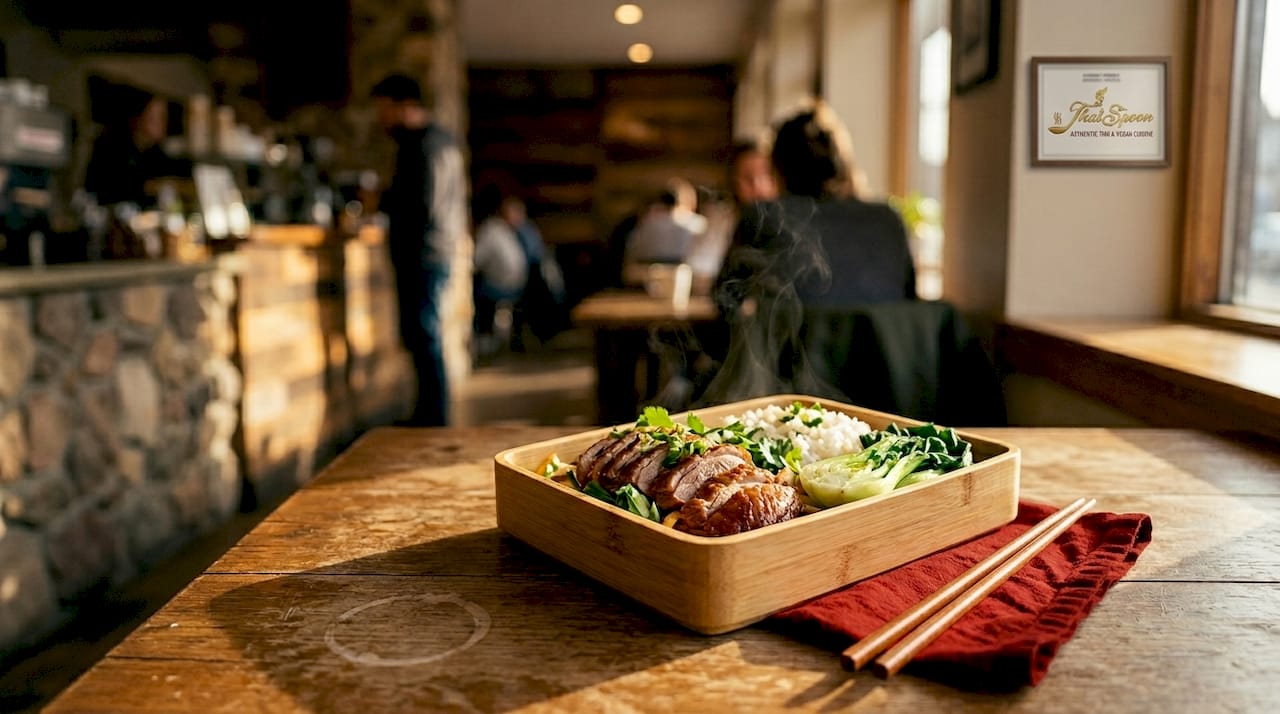 Chinese roast duck rice plate in takeout box
