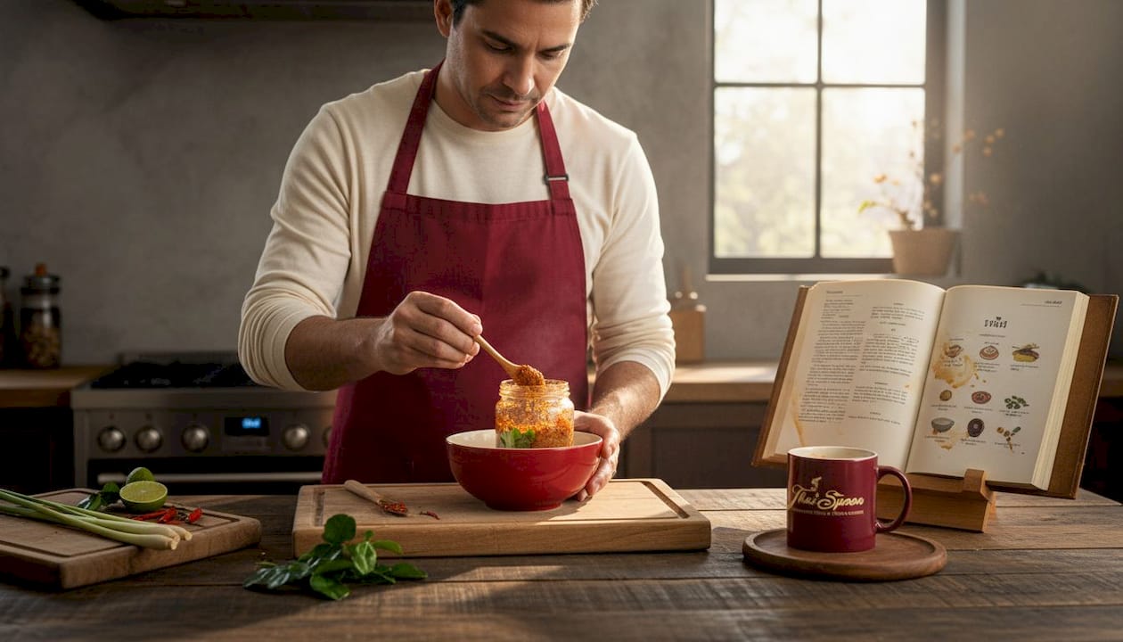 Cook preparing tom yum paste in home kitchen