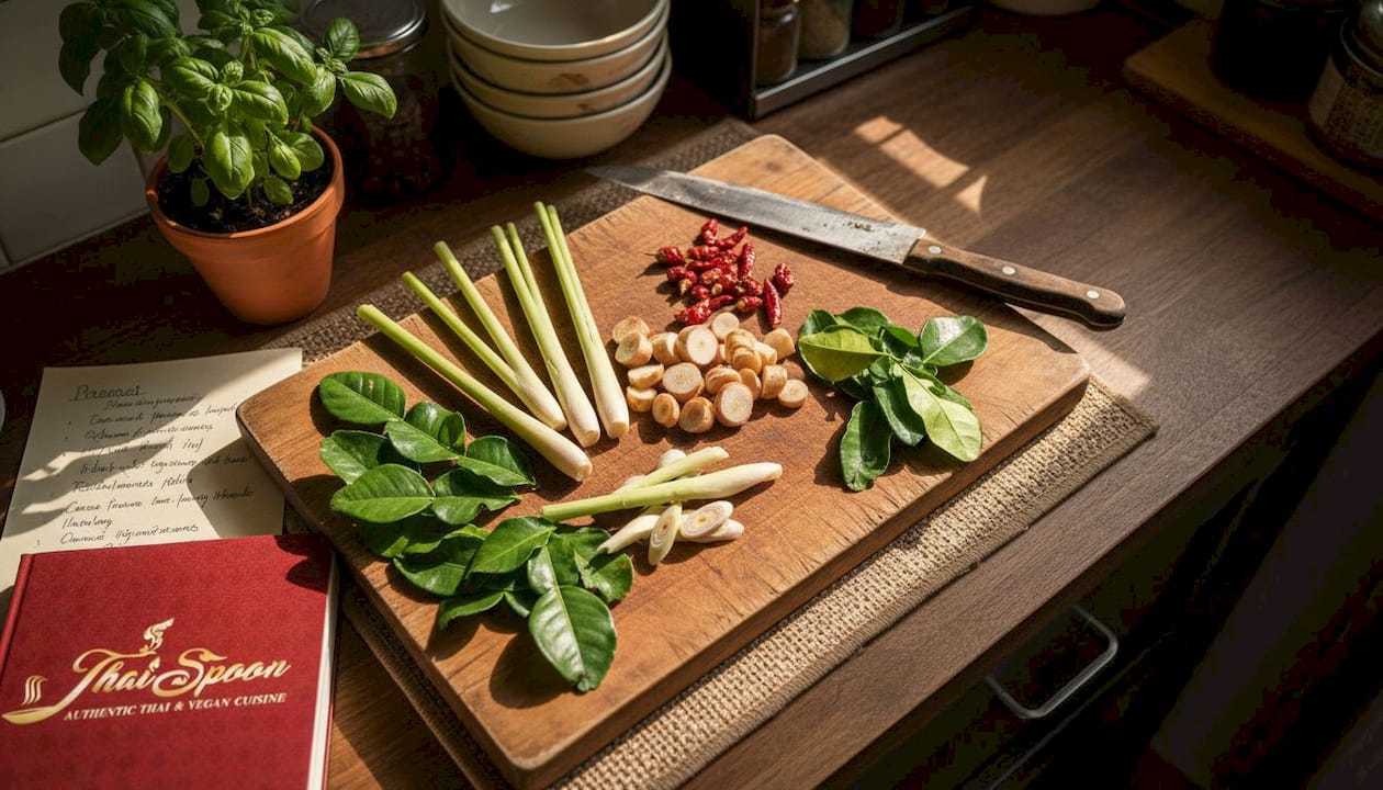 Tom yum ingredients spread on cutting board