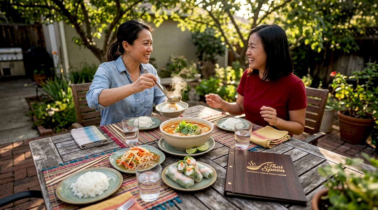 Table set with Tom Yum soup and Thai sides