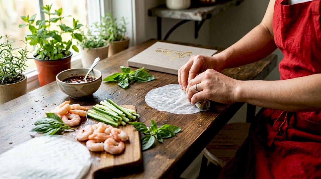 Hands making fresh Thai spring rolls