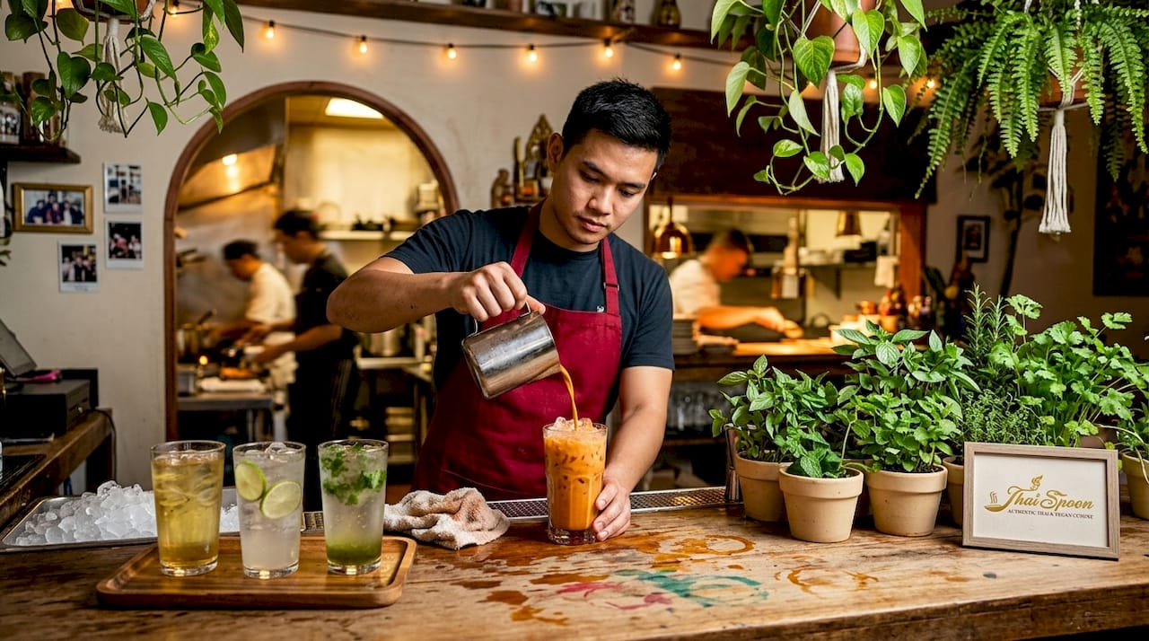 Bartender pouring Thai iced tea at Las Vegas bar