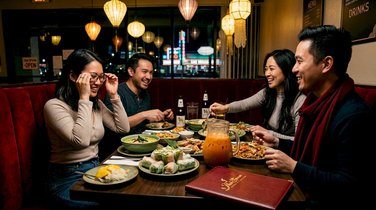 Friends sharing Thai food with drinks in Las Vegas