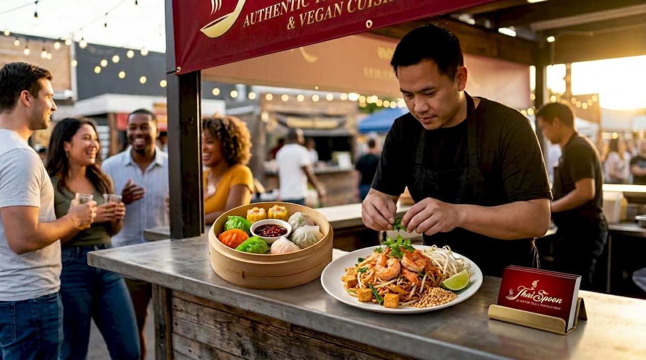 Chef plating Chinese and Thai lunch specials