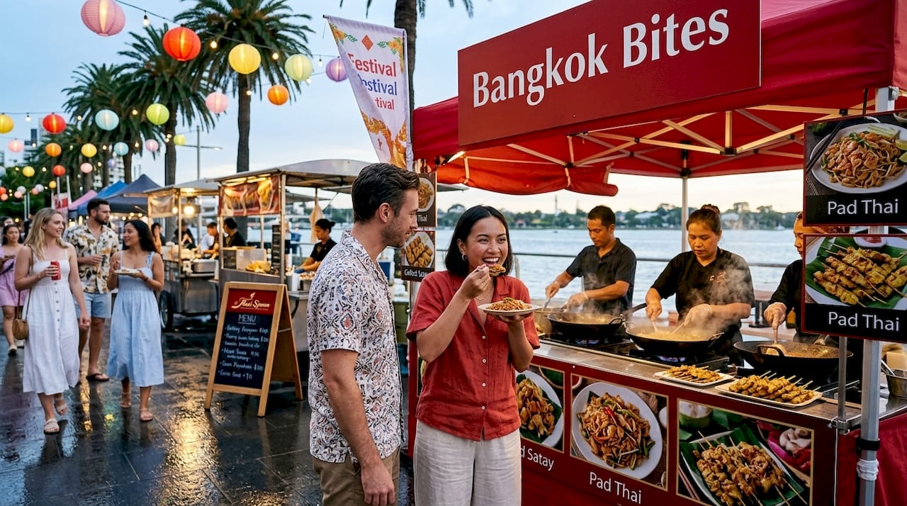 Festivalgoers sampling Thai street food at night
