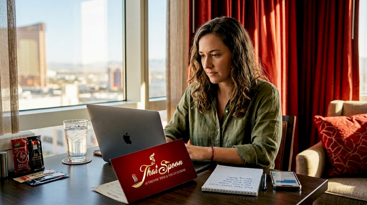 Woman ordering Thai food online at home