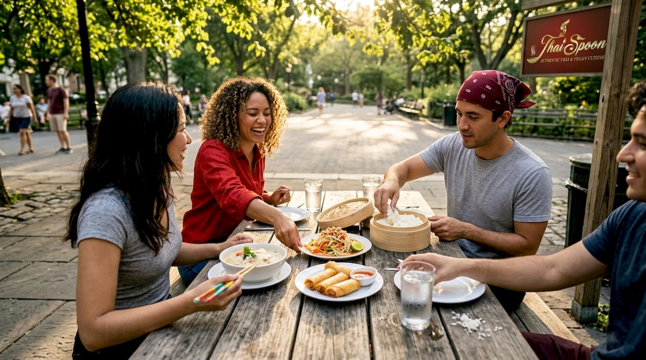 Diners enjoying Thai meal with shared sides