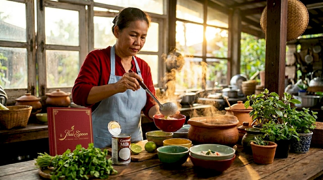 Serving tom kha gai in home kitchen setting