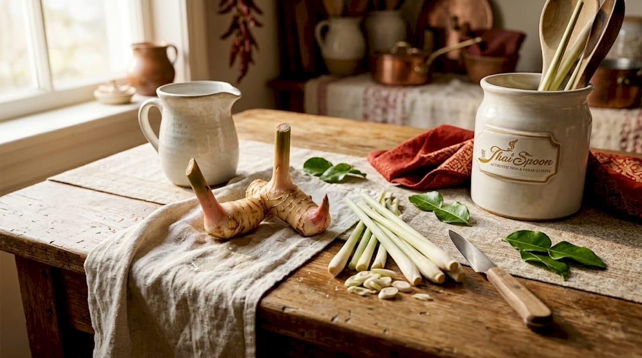 Fresh galangal and kaffir leaves on kitchen table