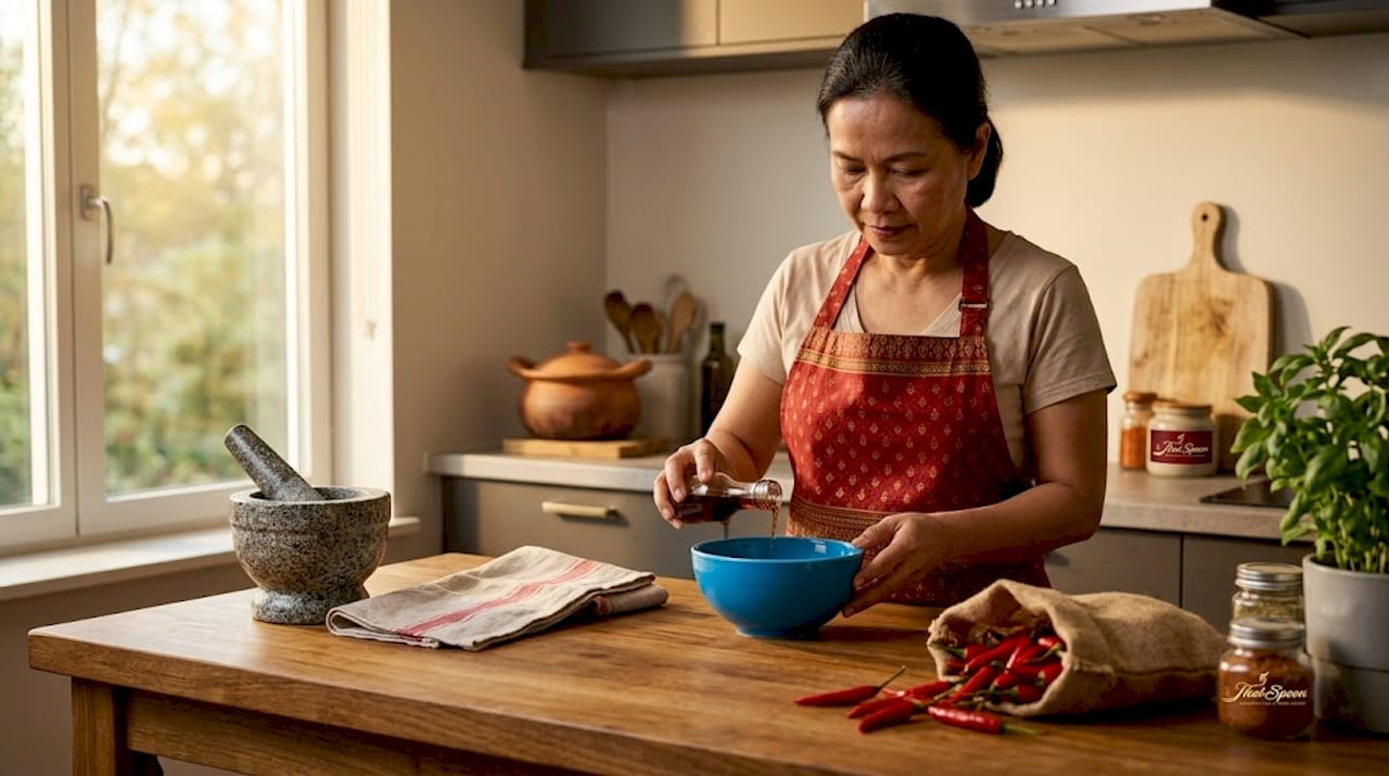 Thai cook preparing seasonings in home kitchen