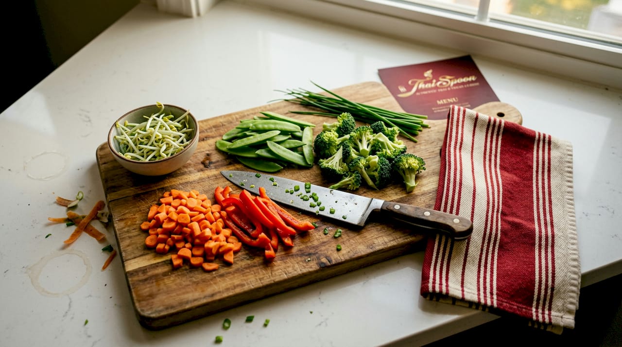 Vegetables prepped for Pad Thai on cutting board