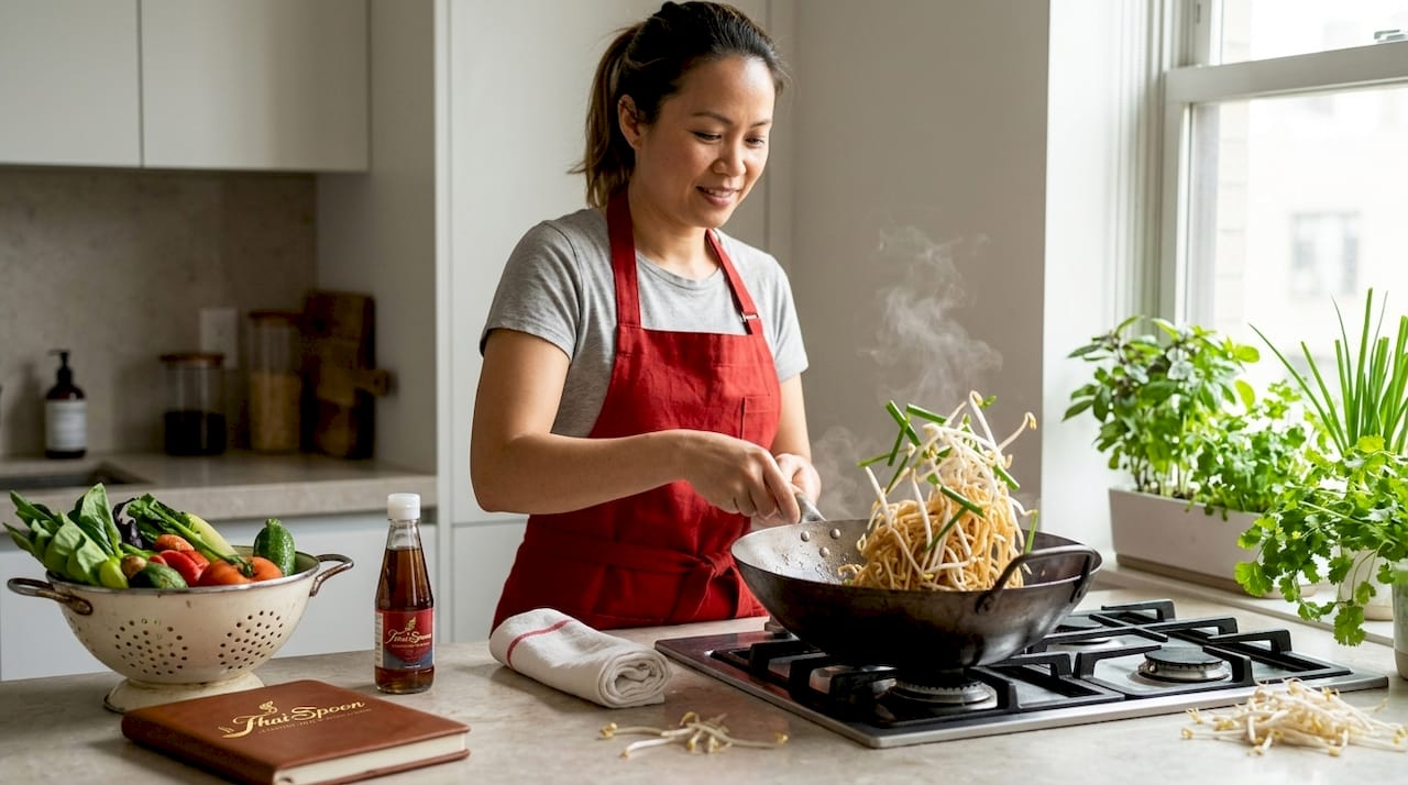 Home cook making Pad Thai in apartment kitchen
