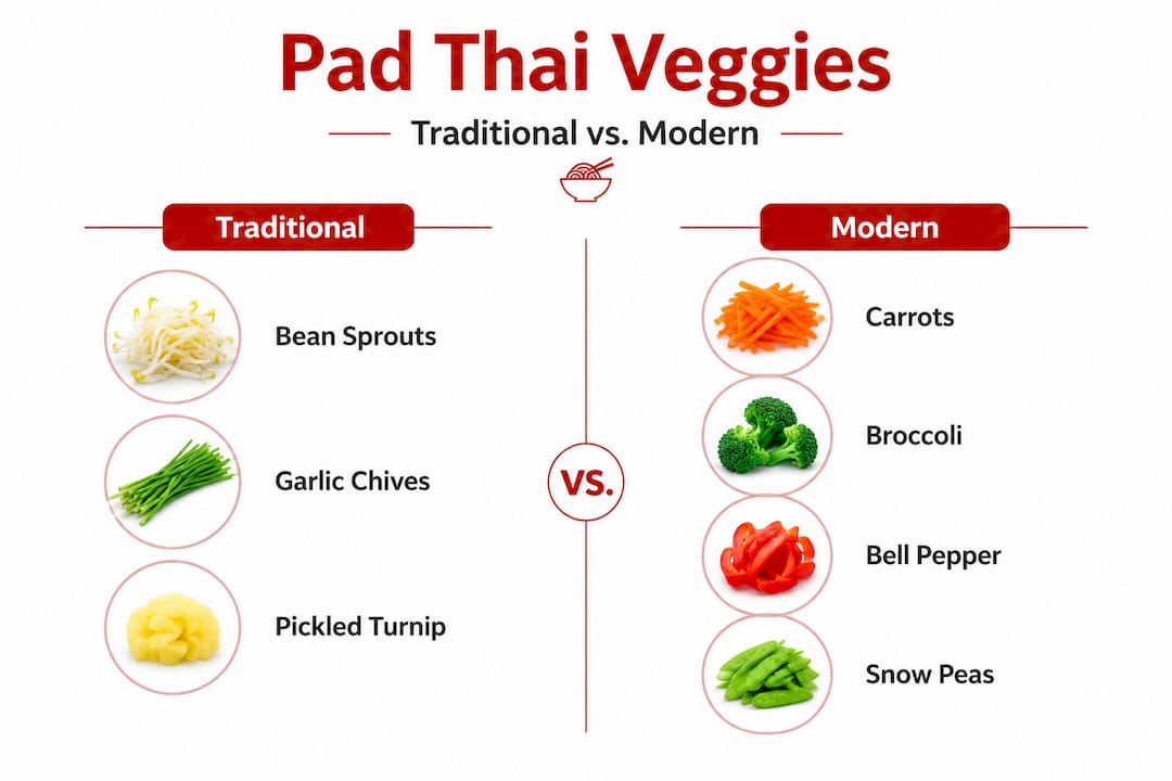 Infographic comparing traditional and modern Pad Thai vegetables