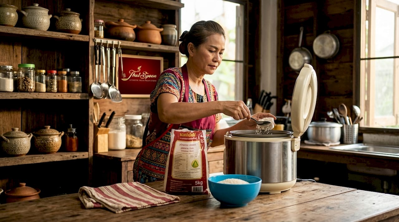 Thai woman measuring jasmine rice in kitchen