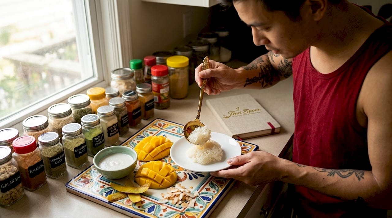 Cook serving mango sticky rice at home