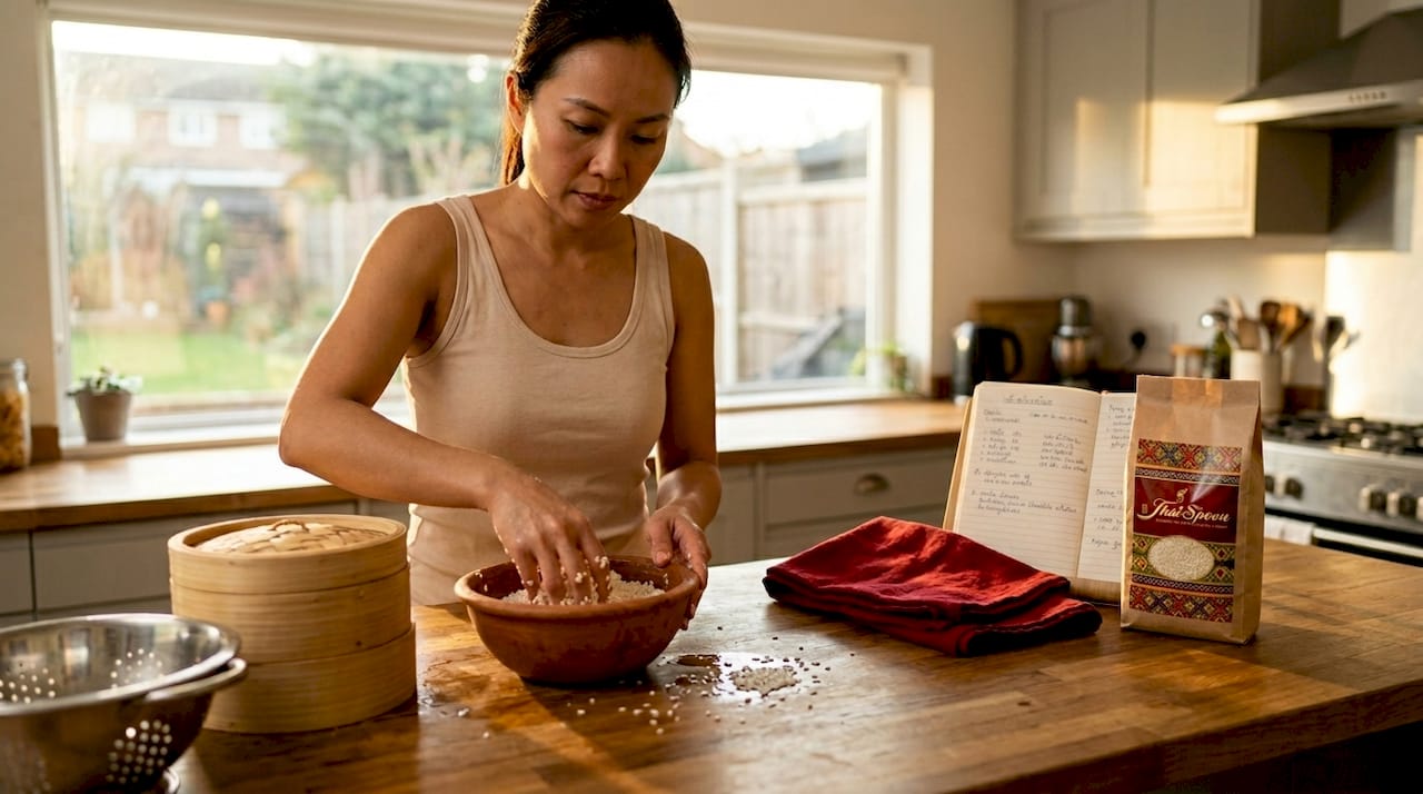 Home cook prepping Thai sweet rice in kitchen