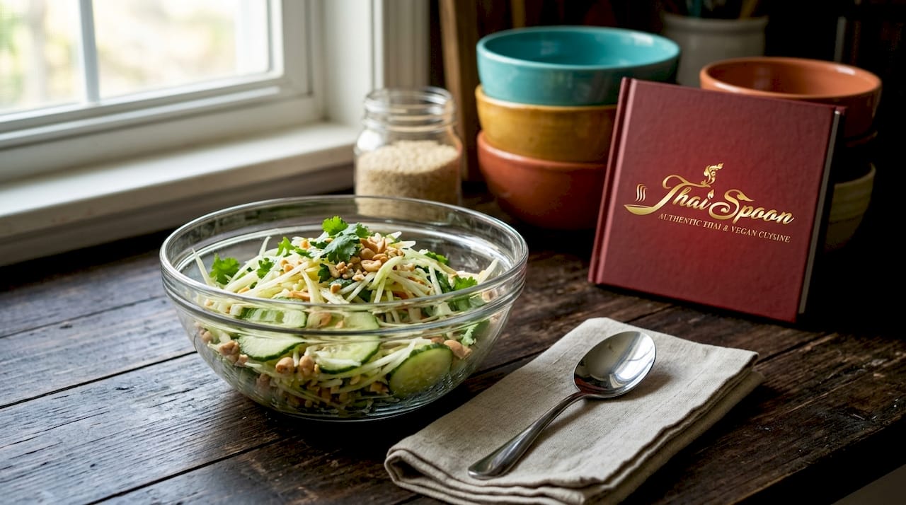 Thai salad ingredients in glass bowl on table