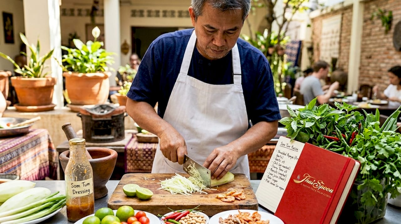 Chef prepping spicy Thai salad in kitchen