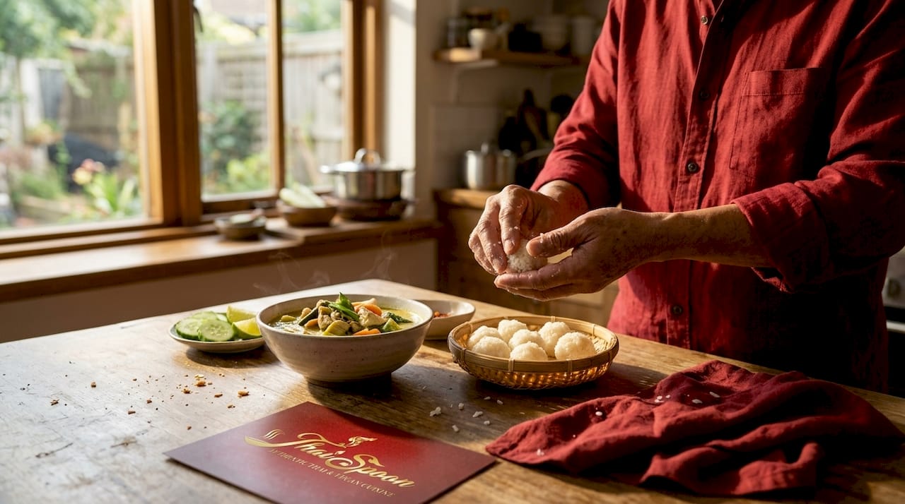 Rolling sticky rice for Thai green curry