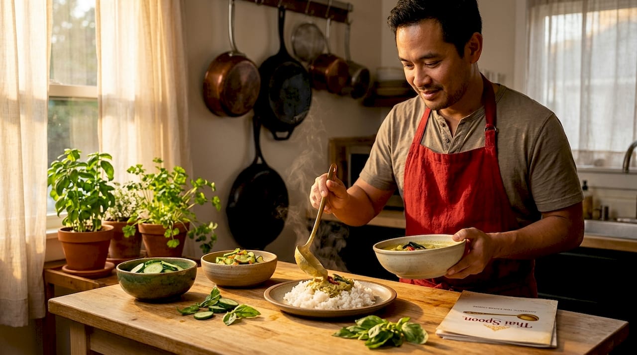 Serving Thai green curry with jasmine rice