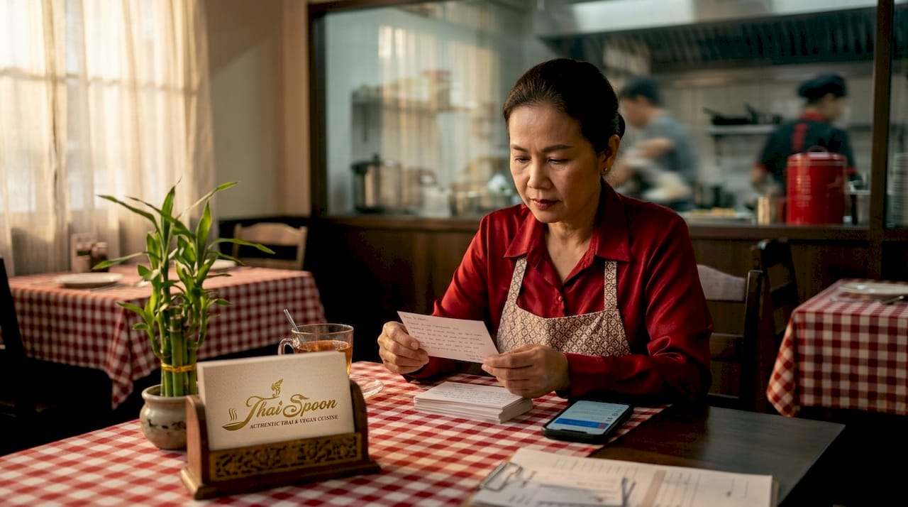 Thai restaurant owner reading reviews at table