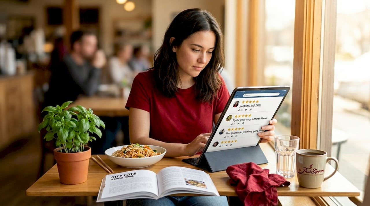 Diner reading Thai restaurant reviews on tablet