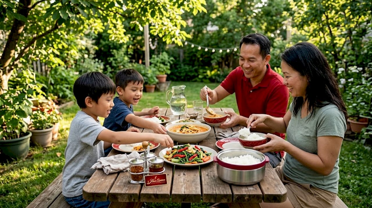 Family sharing Thai meal at home